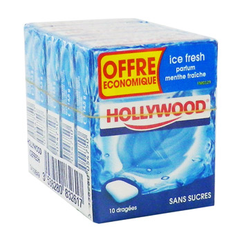 Chewing-gums sans sucre menthe fraiche HOLLYWOOD Ice Fresh, 5x10 dragees, 73g