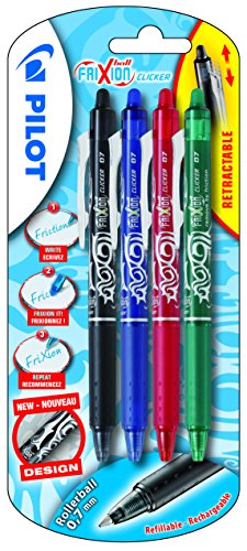 Lot de 4 stylos PILOT FRIXION CLICKER 07 Noir, Bleu, Rouge, Vert