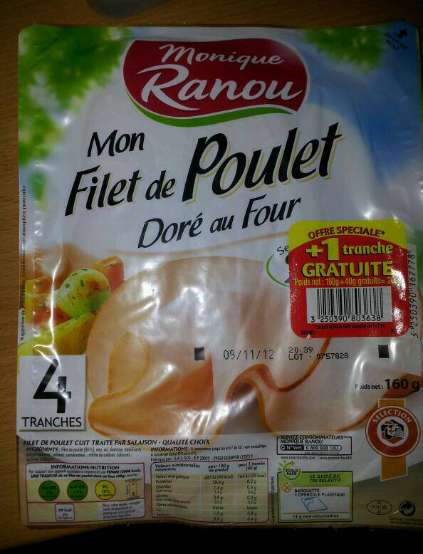 Monique Ranou Mon Filet de poulet doré au four la barquette de 4 tranches - 200 g