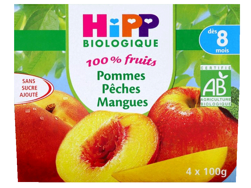 Coupelles pour bebe pomme, peche et mangue Pause Fruitee HIPP BIOLOGIQUE, 4x100g