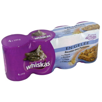 Aliment pour chat en gelee legere 4varietes au poisson WHISKAS, 4x390g