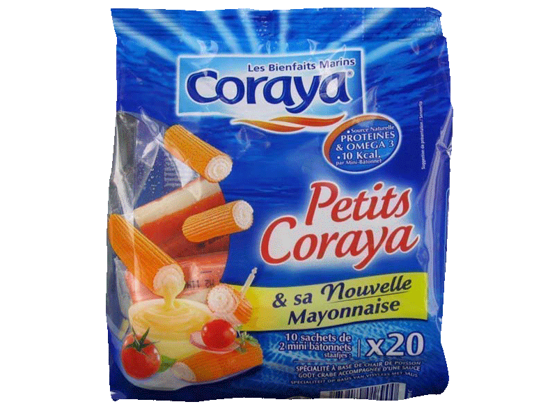 Mini snacks, petits coraya + une sauce mayonnaise, specialite a base de chair de poisson gout crabe, 10 sachets de 2 min