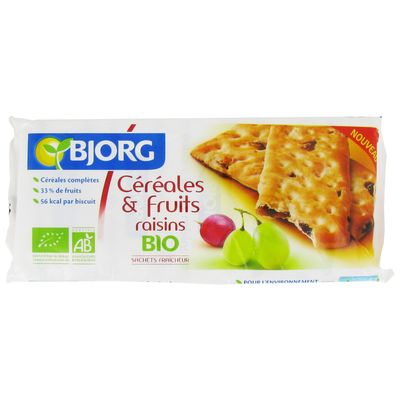 Biscuits aux cereales et aux fruits bio, le paquet de 218g