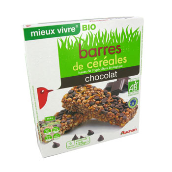 Auchan Mieux Vivre bio barres de cereales chocolat x6 -125g