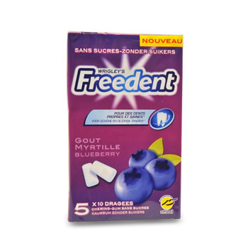 Chewings gum sans sucre myrtille FREEDENT, 5x10 dragees, 70g