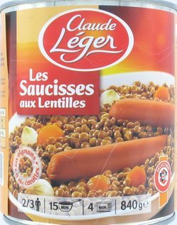 Les saucisses lentilles, aux oignons et aux carottes, la boite,840g