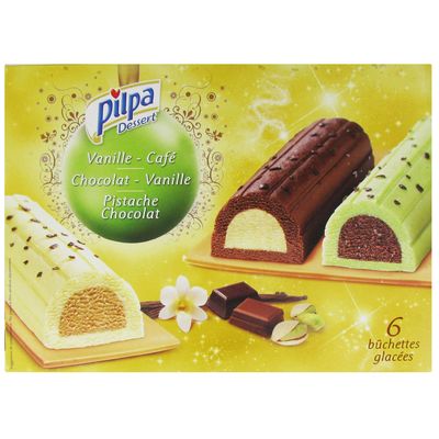 Bûchettes glacées vanille-café, pistache-chocolat, chocolat-vanille PILPA, 6 unités, 660ml