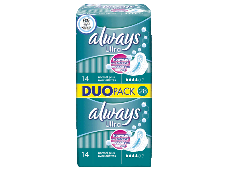 Always, Ultra duopack normal plus avec ailettes, serviettes hygieniques, le sachet de 28 serviettes