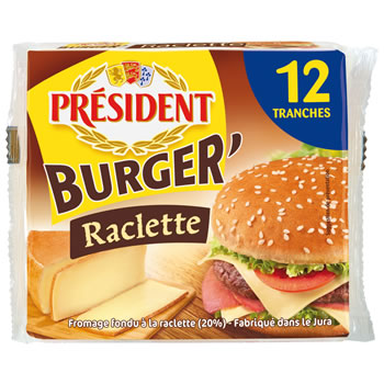 President, Fromage fondu a la raclette pour hamburger, Burger'raclette, le paquet de 12 tranches - 200g