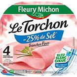 Jambon cuit le torchon sans couenne -25% de sel réduit bleu blanc coeur FLEURY MICHON, 4 tranc...