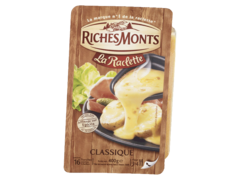 Riches Monts, La raclette classique, fromage en tranchettes, affinage sur epicea, la barquette de 400 gr