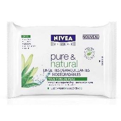 Lingettes demaquillante biodegradables tous types de peaux Pure & Natural NIVEA VISAGE, 25 unites