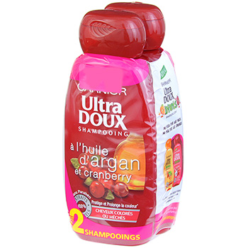 Shampooing argan et cranberry cheveux colores ULTRA DOUX, 2x250ml
